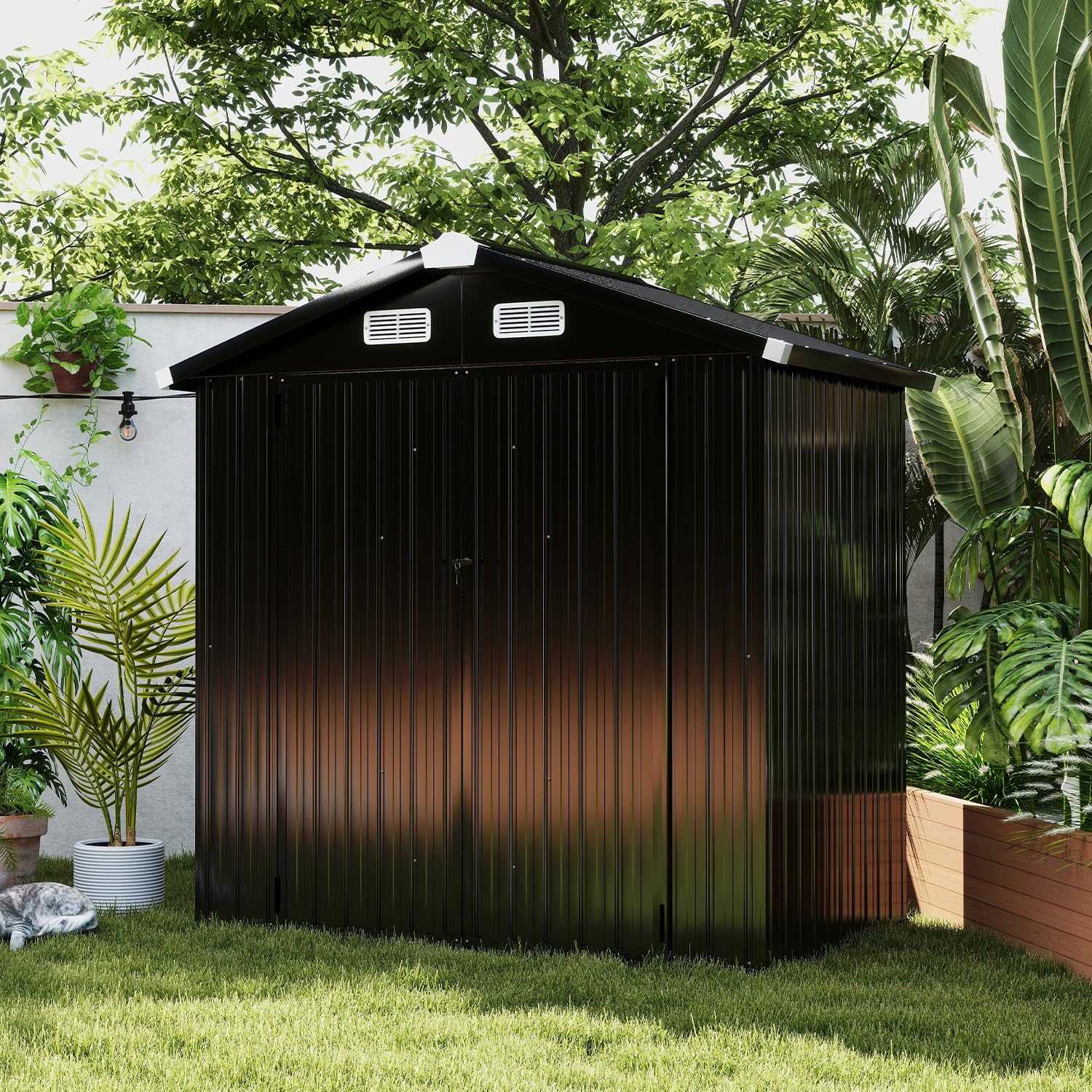6.4' x 4' Outdoor Metal Storage Shed, Lockable Utility Garden Shed for Tools, Bikes, and Equipment, Perfect for Backyard, Patio, and Poolside (Black)