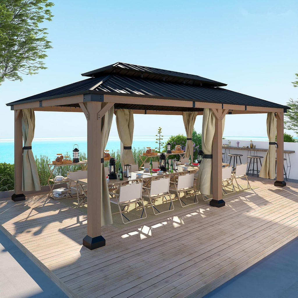 Cedar Wood Gazebo 12x20Ft Hardtop Gazebo with Curtains & Netting, Outdoor Permanent Gazebo Pergola with Galvanized Steel Double Roof Pavilion for Patio Lawn Garden