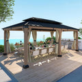 Cedar Wood Gazebo 12x20Ft Hardtop Gazebo with Curtains & Netting, Outdoor Permanent Gazebo Pergola with Galvanized Steel Double Roof Pavilion for Patio Lawn Garden