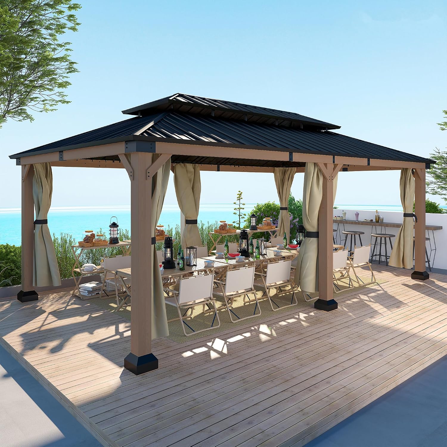 Cedar Wood Gazebo 12x20Ft Hardtop Gazebo with Curtains & Netting, Outdoor Permanent Gazebo Pergola with Galvanized Steel Double Roof Pavilion for Patio Lawn Garden