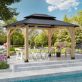 LVUYOYO 10' x 12' Wood Gazebo, Outdoor Hardtop Gazebo, Double Galvanized Steel Roof Gazebos Pergola, Wooden Pavilion for Patio, Backyard, Deck, Garden