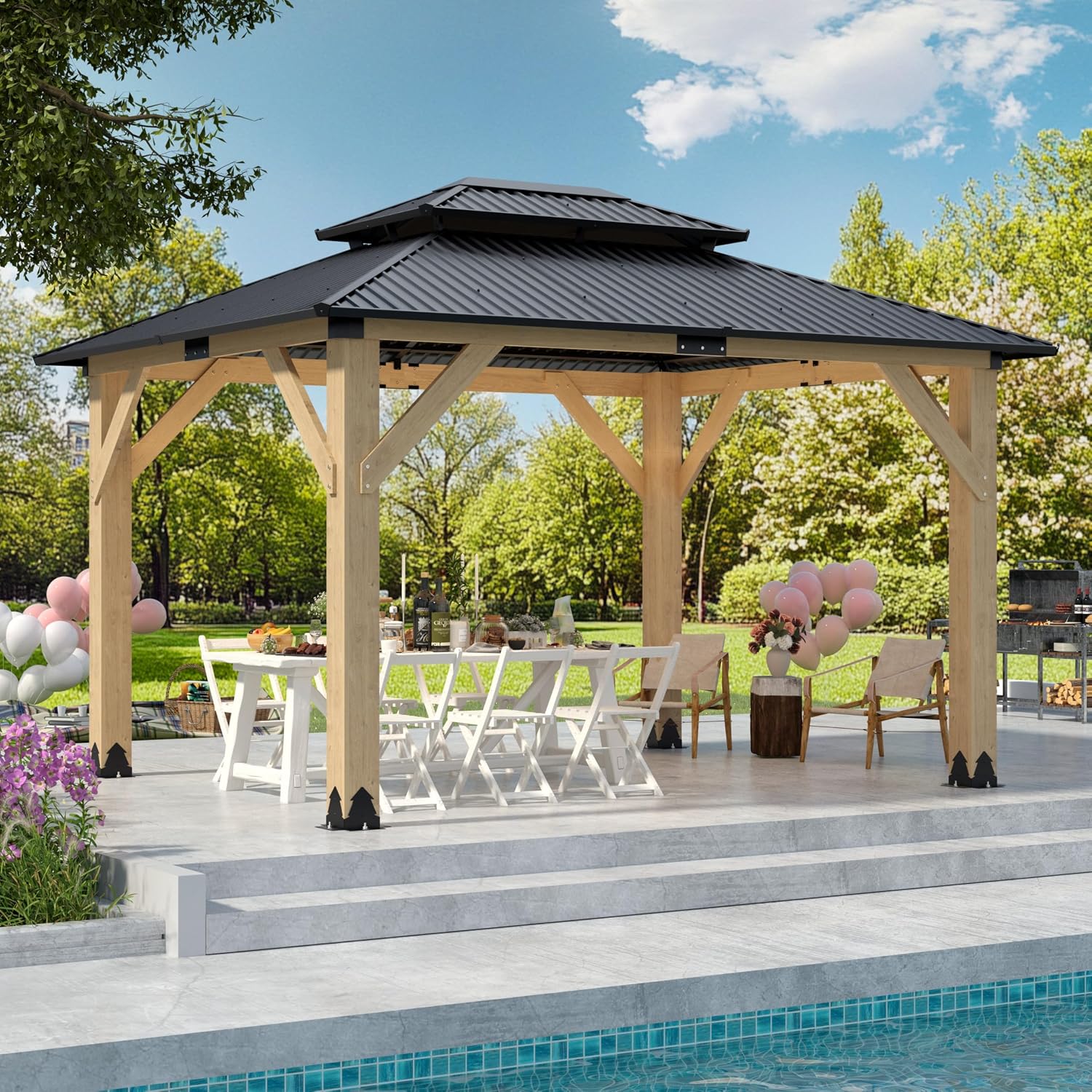 LVUYOYO 10' x 12' Wood Gazebo, Outdoor Hardtop Gazebo, Double Galvanized Steel Roof Gazebos Pergola, Wooden Pavilion for Patio, Backyard, Deck, Garden