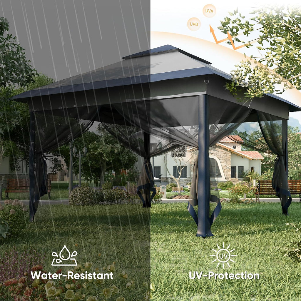 GDY 11x11FT Patio Gazebo with Mosquito Netting, Double Top with 4-Sangbags, Garden, Yard, Grassland, Grey and Navy Blue.