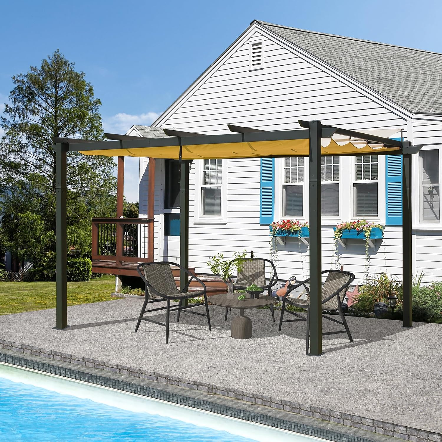 Domi Outdoor Living 9' x 13' Outdoor Retractable Pergola Against The Wall with Weather-Resistant Canopy Aluminum Garden Pergola Patio Grill Gazebo for Courtyard(Beige Canopy)