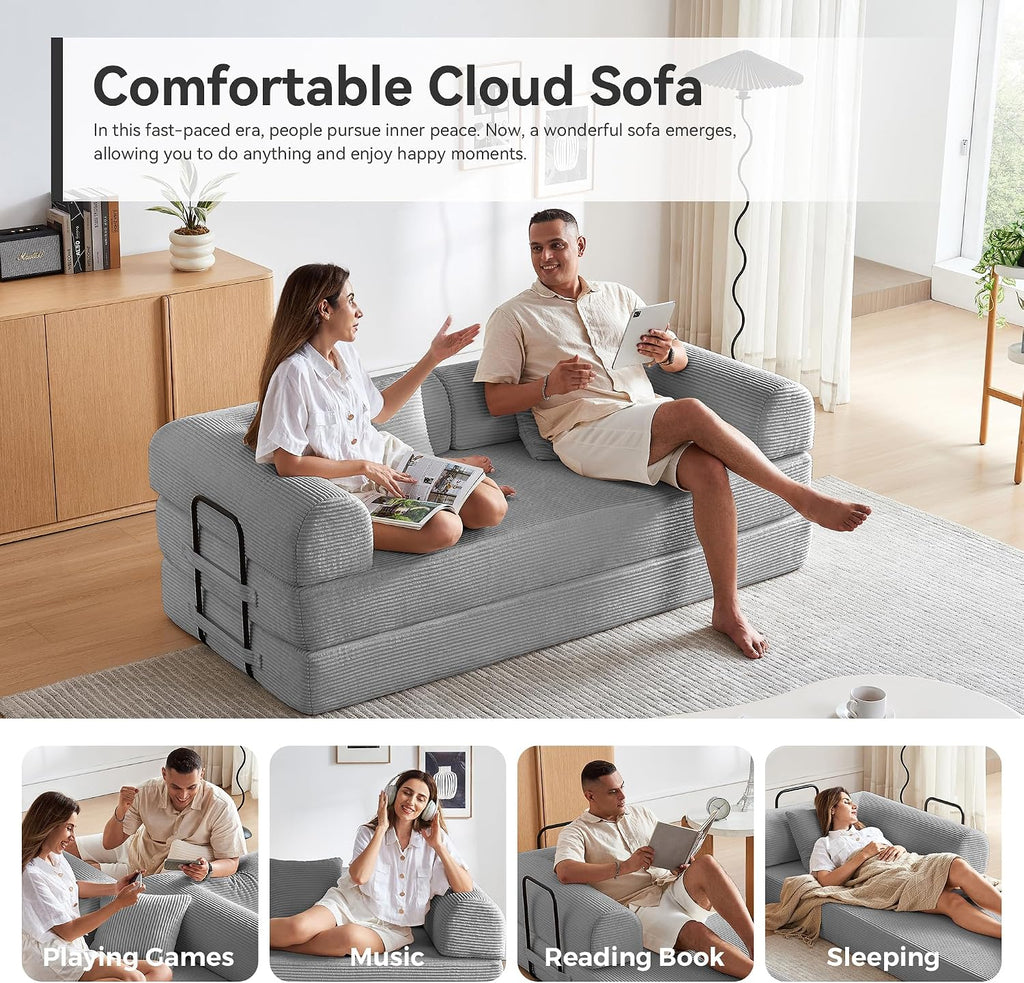 Convertible Sleeper Sofa Bed, Sleeper Sofa with Pillow | Corduroy Fabric | High-Density Sponge | Fixed-Shape Frame, Modular Sofa Bed for Living Room Lounge Studio (Light Grey)