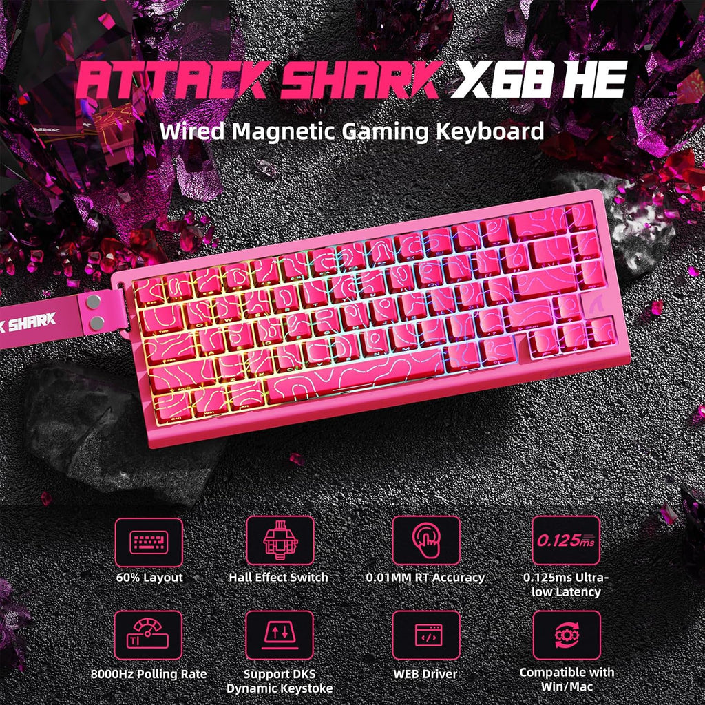 ATTACK SHARK X68 HE Wired Magnetic Keyboard with X3 Wireless Gaming Mouse Combos, 8KHz Rapid Trigger Keyboard, 0.01mm RT Accuracy, 49g Superlight Mouse, PAW3395, 26000 DPI - Pink Contours