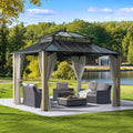 SUNJOY Kingston 12' x 10' Hardtop Wood Gazebo with Galvanized Steel/Polycarbonate Double Roof, Curtain and Netting, Cedar Posts Permanent Pavilion Gazebo for Garden, Patio, Deck, Lawn