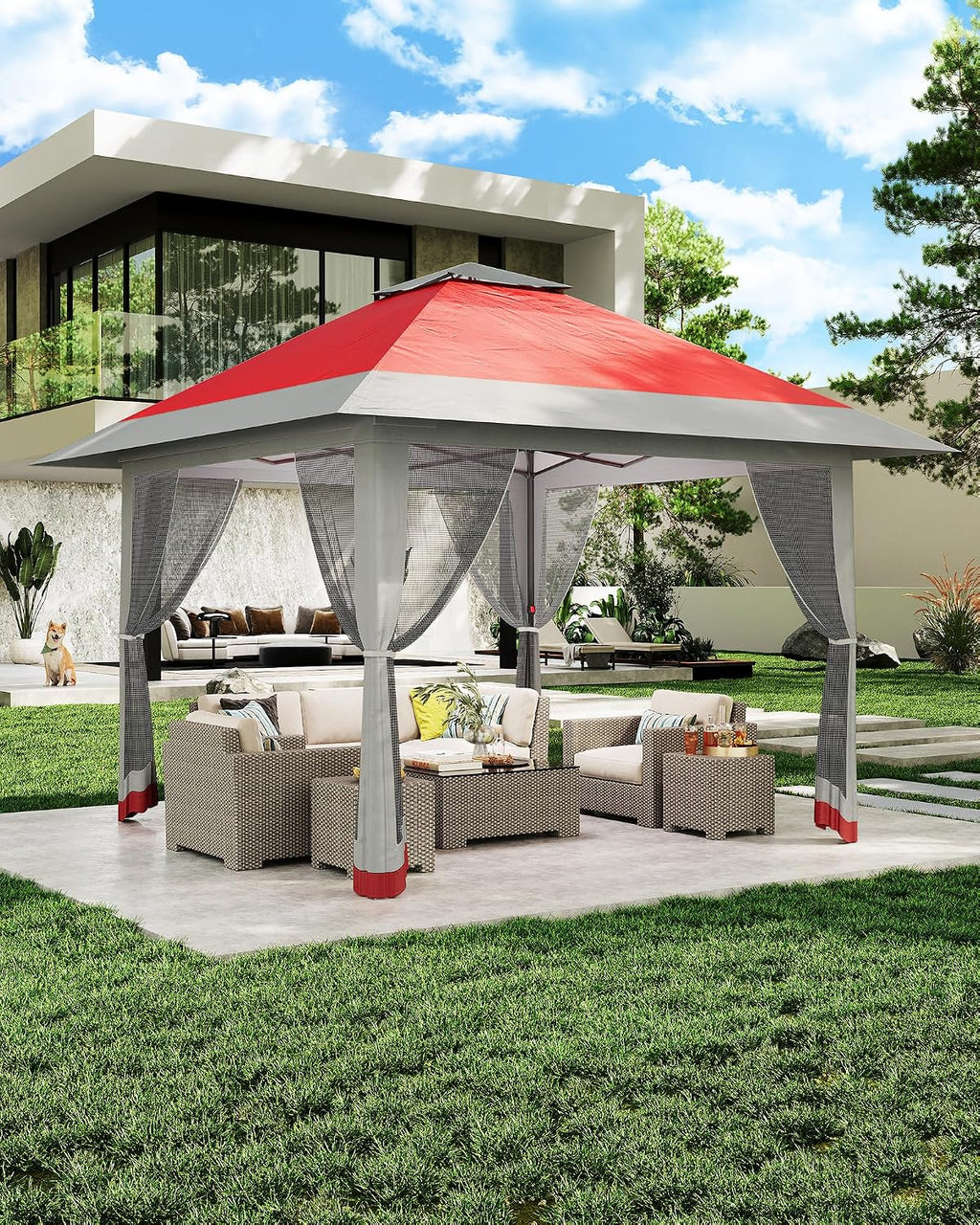 13x13 Pop Up Gazebo, Outdoor Canopy Tent with Double Roof and Mesh Netting, Gazebo Tent with Large Space and Adjustable Height for Backyard, Garden, Patio, Lawn, Red + Light Gray