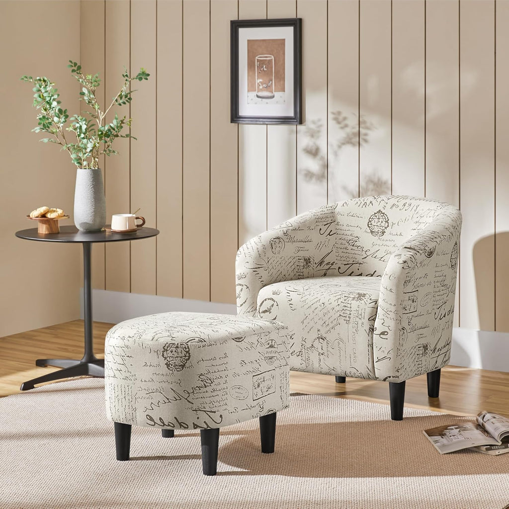 Yaheetech Modren Club Chair with Ottoman, Fabric Accent Armchair with Footstool, Upholstered Barrel Chair and Footrest for Living Room Bedroom Guestroom, Letter Print