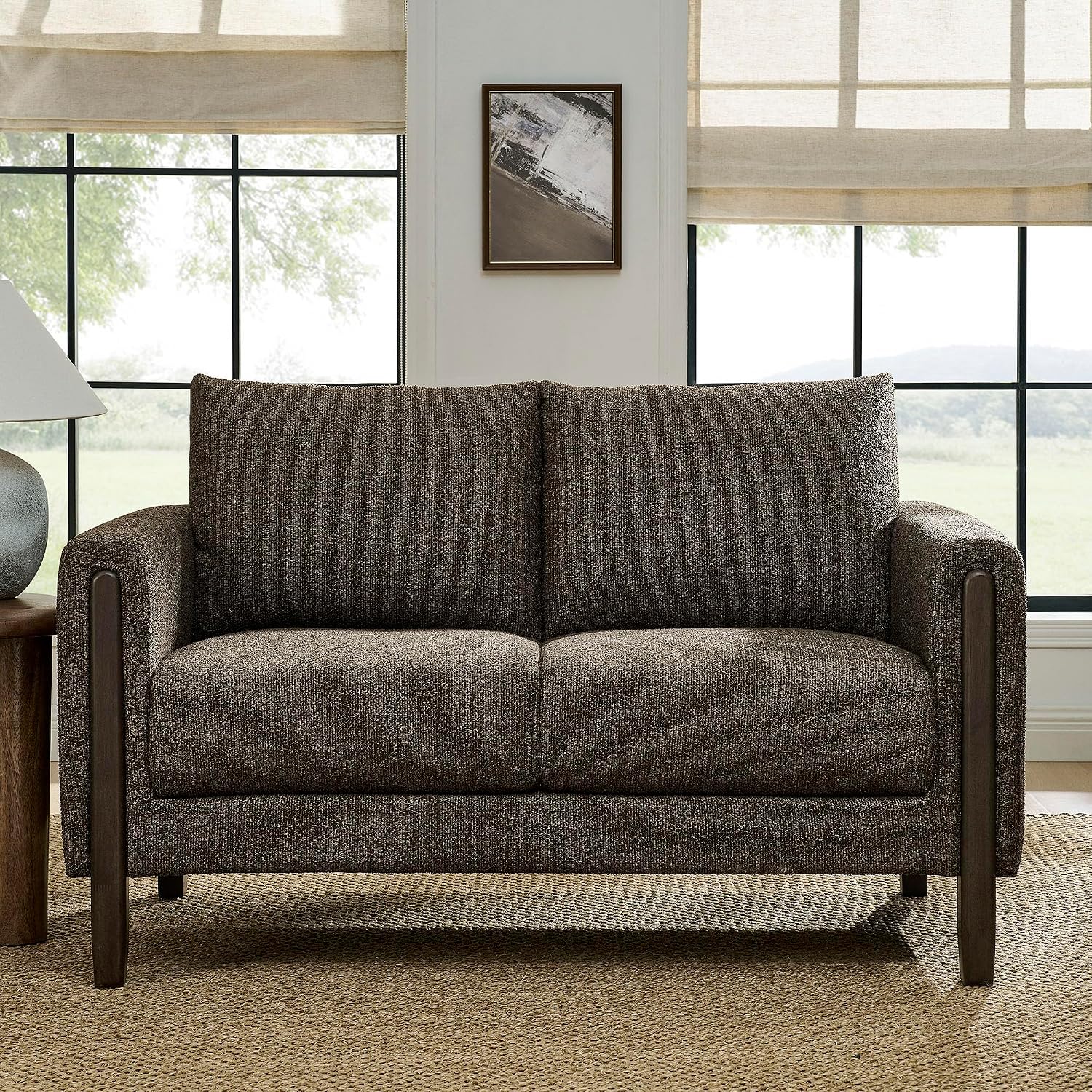Modway Hawken 54 Inch Boucle Loveseat in Antique Espresso with Wood Legs – Mid-Century Modern Small Space 2-Seater Sofa for Living Room, Bedroom, or Office Lounge