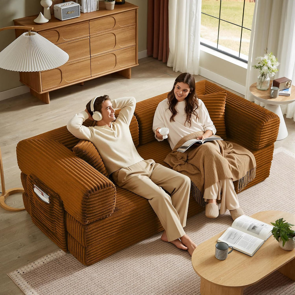 Boneless Couch Futon Sofa Bed Sectional Couches for Living Room,Cloud Couch with Sleeper Sofa,Sofas for Living Room Oversized Corduroy Upholstered (Orange, 81 Inches (with Iron Frame))