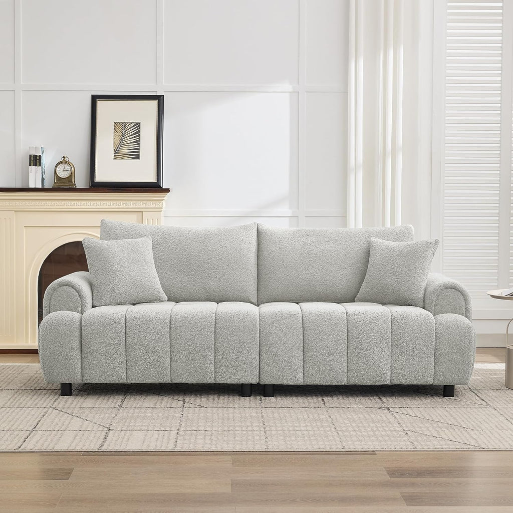 88 'Modern Boucle Sofa Couch, Oversized Comfy 3 Seater Sherpa Curved Sofas Deep Seat, Upholstered Loveseat Teddy Round Arm Couches for Living Room, Bedroom, Light Grey