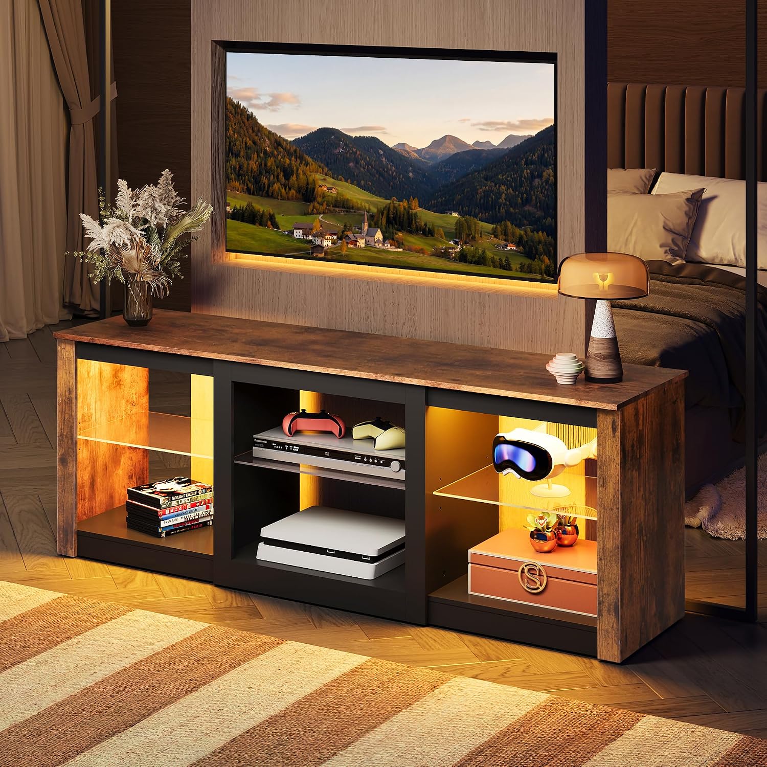 WLIVE Modern LED TV Stand for 65 70 Inch TV, 58' Entertainment Center with Adjustable Glass Shelves & RGB Lights, Wood Media Console Table for Living Room, Bedroom, Gaming Room, Rustic Brown