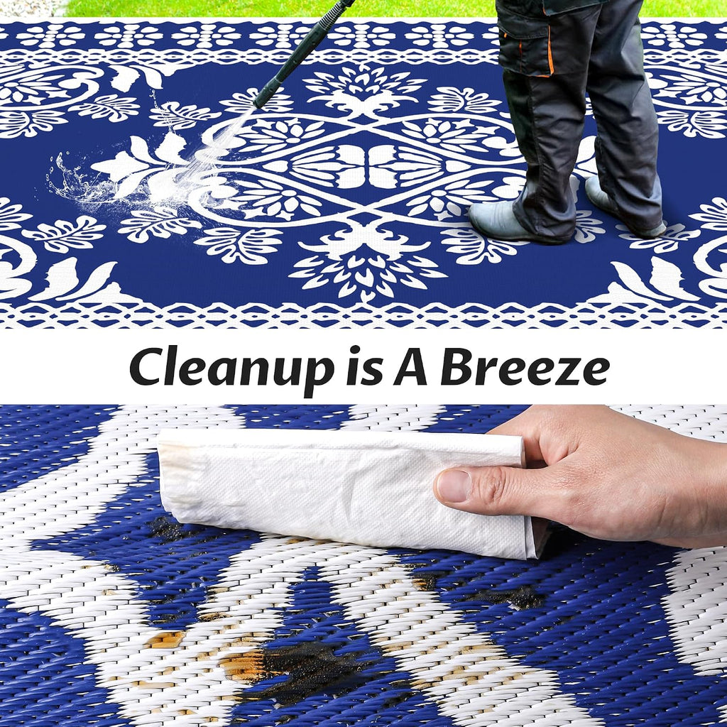 Pafolo Outdoor Rug Waterproof, 9'x12' Reversible Patio Rug with Lights, 4 Rug Stakes, Non Shedding, Easy Cleaning, Foldable Outside Mat for RV, Camping, Porch, Deck, Beach, Patio, Picnic, Blue&White