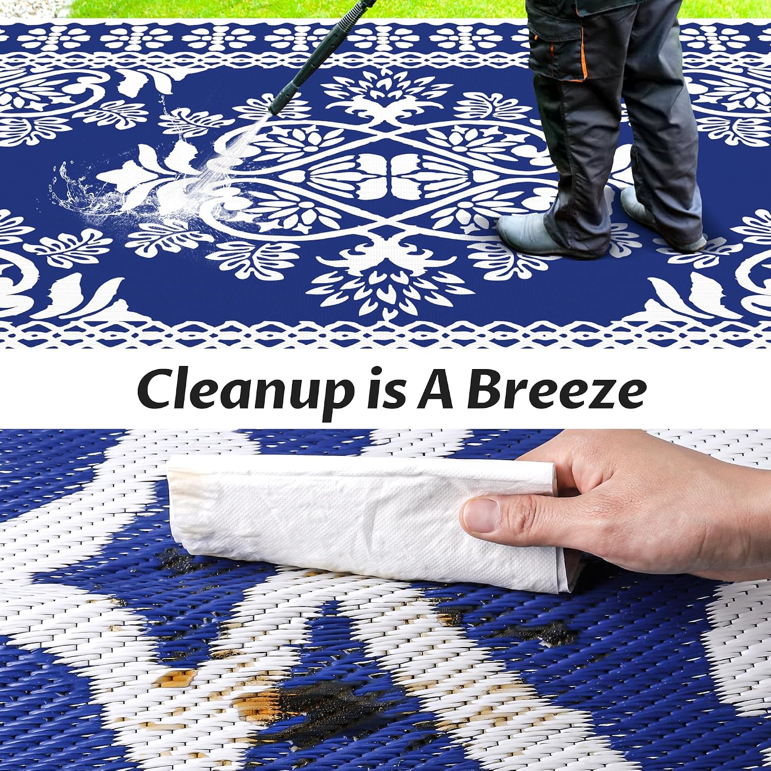 Pafolo Outdoor Rug Waterproof, 9'x12' Reversible Patio Rug with Lights, 4 Rug Stakes, Non Shedding, Easy Cleaning, Foldable Outside Mat for RV, Camping, Porch, Deck, Beach, Patio, Picnic, Blue&White