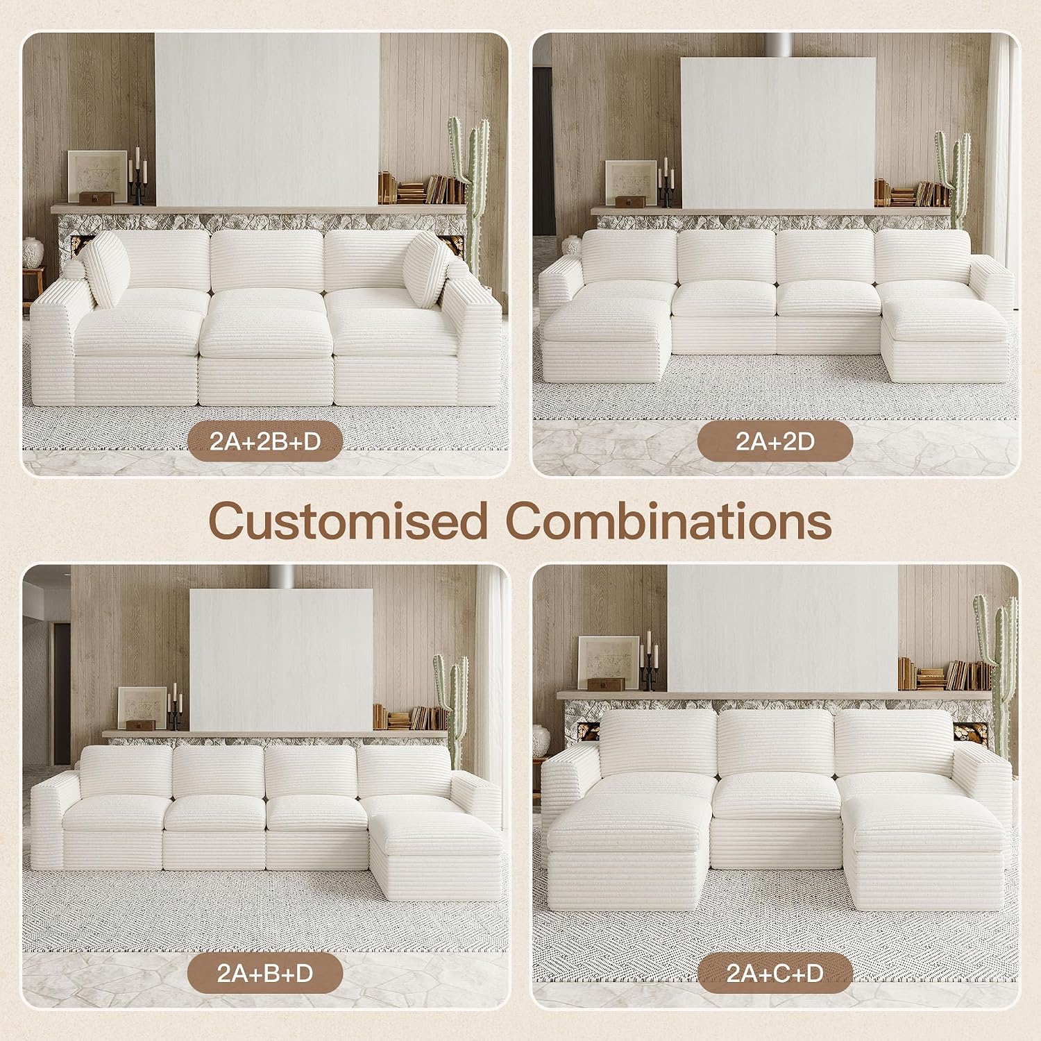 Plush Corduroy Cloud Sectional Couches for Living Room Boneless Modular Sectional Sofa Convertible 3-Seater L Shaped Couch with Ottoman. White Sofa.