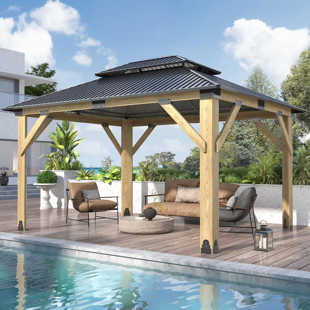 COVERONICS 11FT x 13FT Outdoor Wooden Gazebo - Patio Wood Frame Gazebo with Galvanized Steel Hardtop, Heavy-Duty Hardtop Gazebos for Garden, Poolside, Deck, Backyard