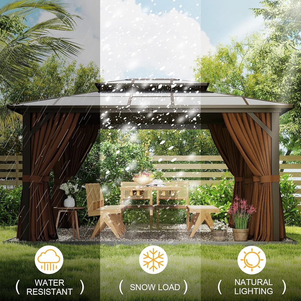 12' x 14' Double Roof Gazebo with Polycarbonate Panels – Durable Aluminum Frame, Outdoor Pavilion with Curtains for Patio, Garden & Backyard
