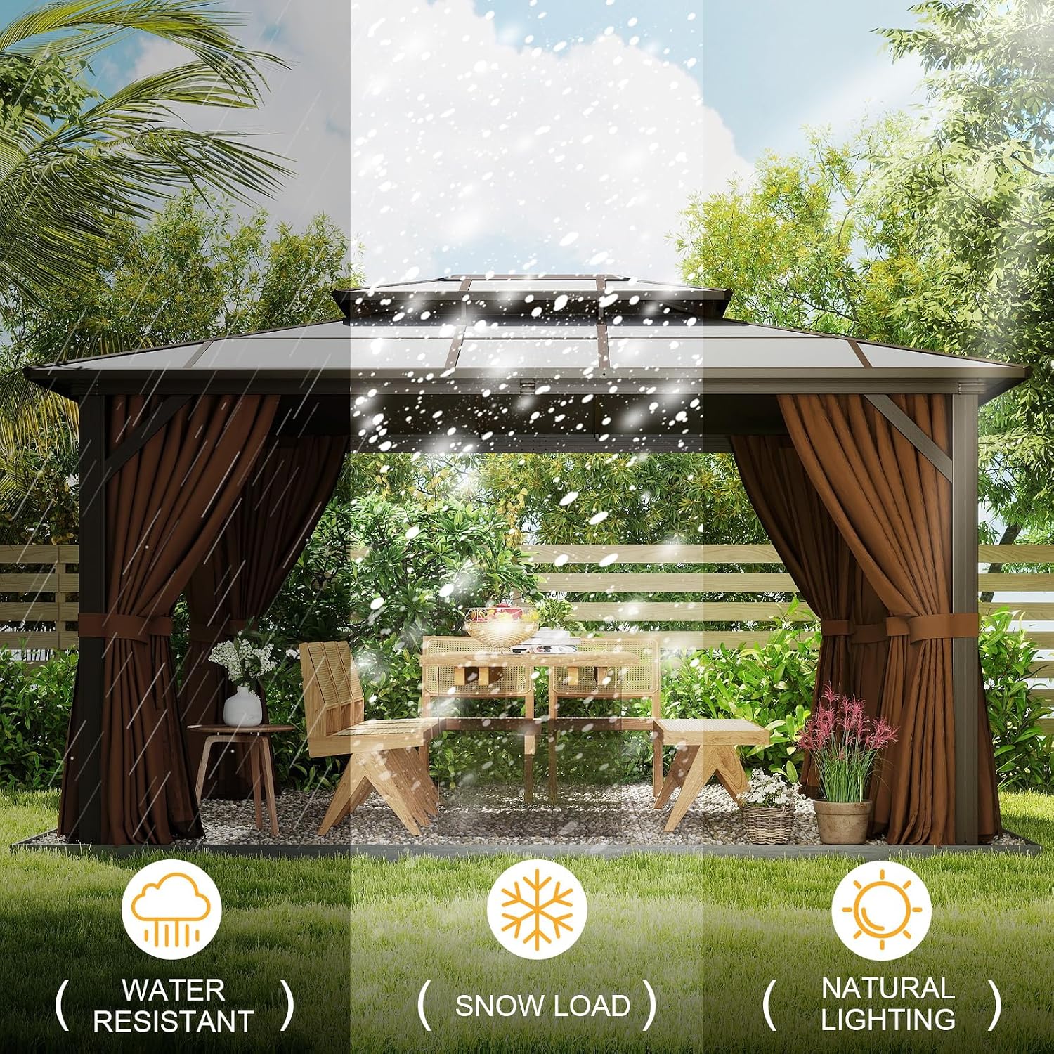12' x 14' Double Roof Gazebo with Polycarbonate Panels – Durable Aluminum Frame, Outdoor Pavilion with Curtains for Patio, Garden & Backyard