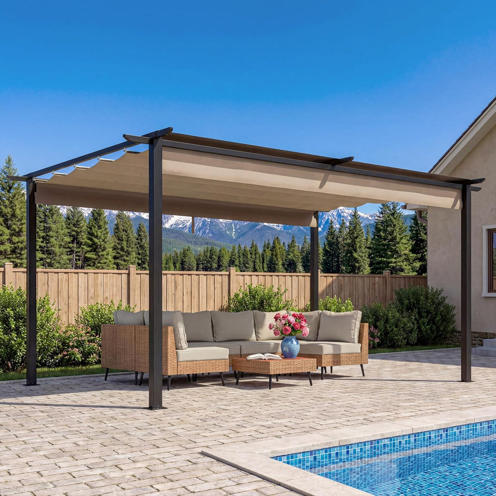 LAUSAINT HOME 10' x 13' Outdoor Retractable Pergola, Heavy-Duty Aluminum Pergola with Sun Shade Canopy for Garden, Backyard, Deck, Porch, Brown
