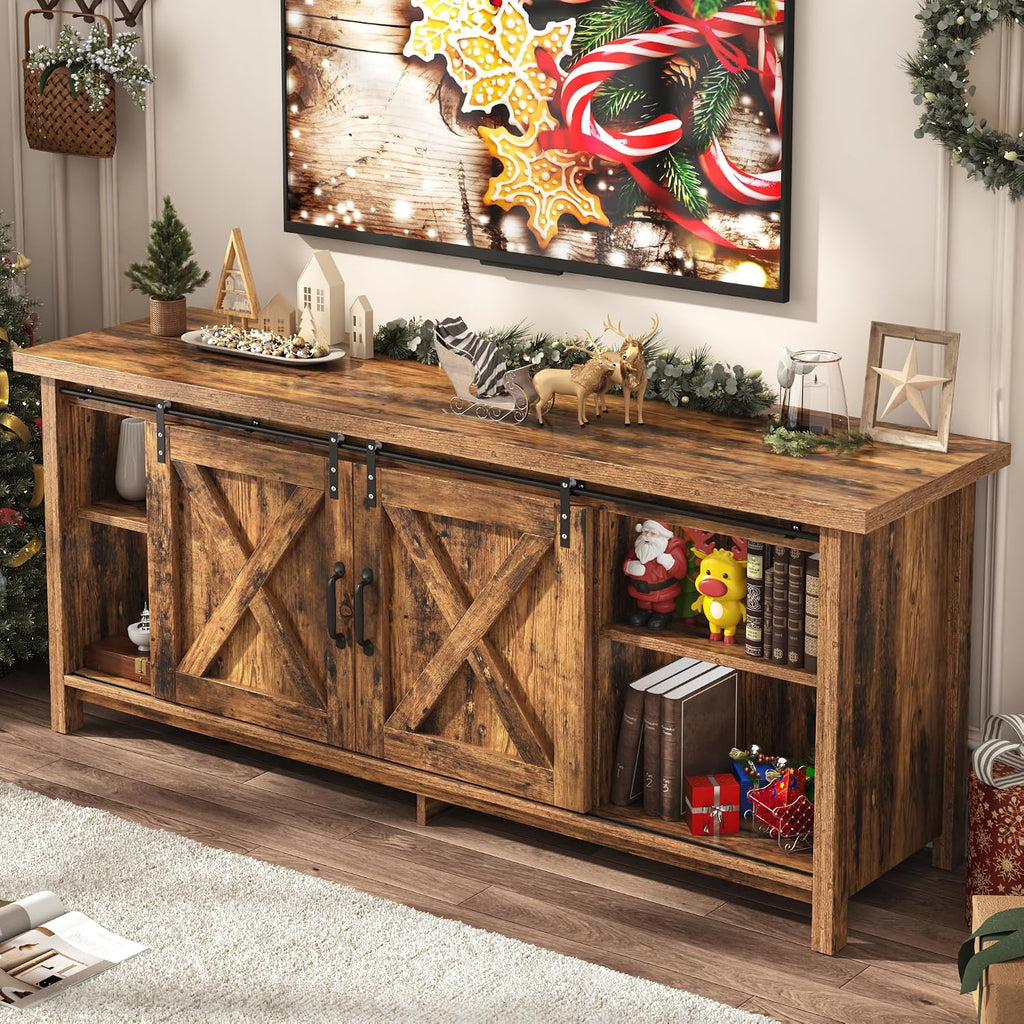 Farmhouse TV Stand for 65 Inch TV with Sliding Barn Door, Rustic Wood Entertainment Center Large Media Console Cabinet Long Television Stands,Console Table and Media Furniture for Living Room(Brown)