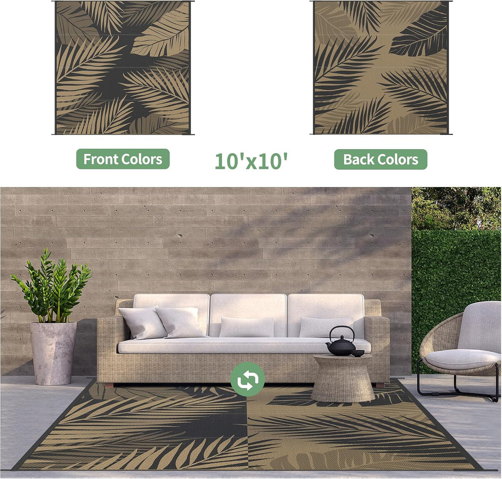 GENIMO Outdoor Rug 10' x 10' Waterproof for Patios Clearance, Reversible Outdoor Plastic Straw Camping Rug Carpet, Large Area Rugs Mats for RV, Camper, Deck, Balcony, Porch, Beach, Picnic, Black&Brown