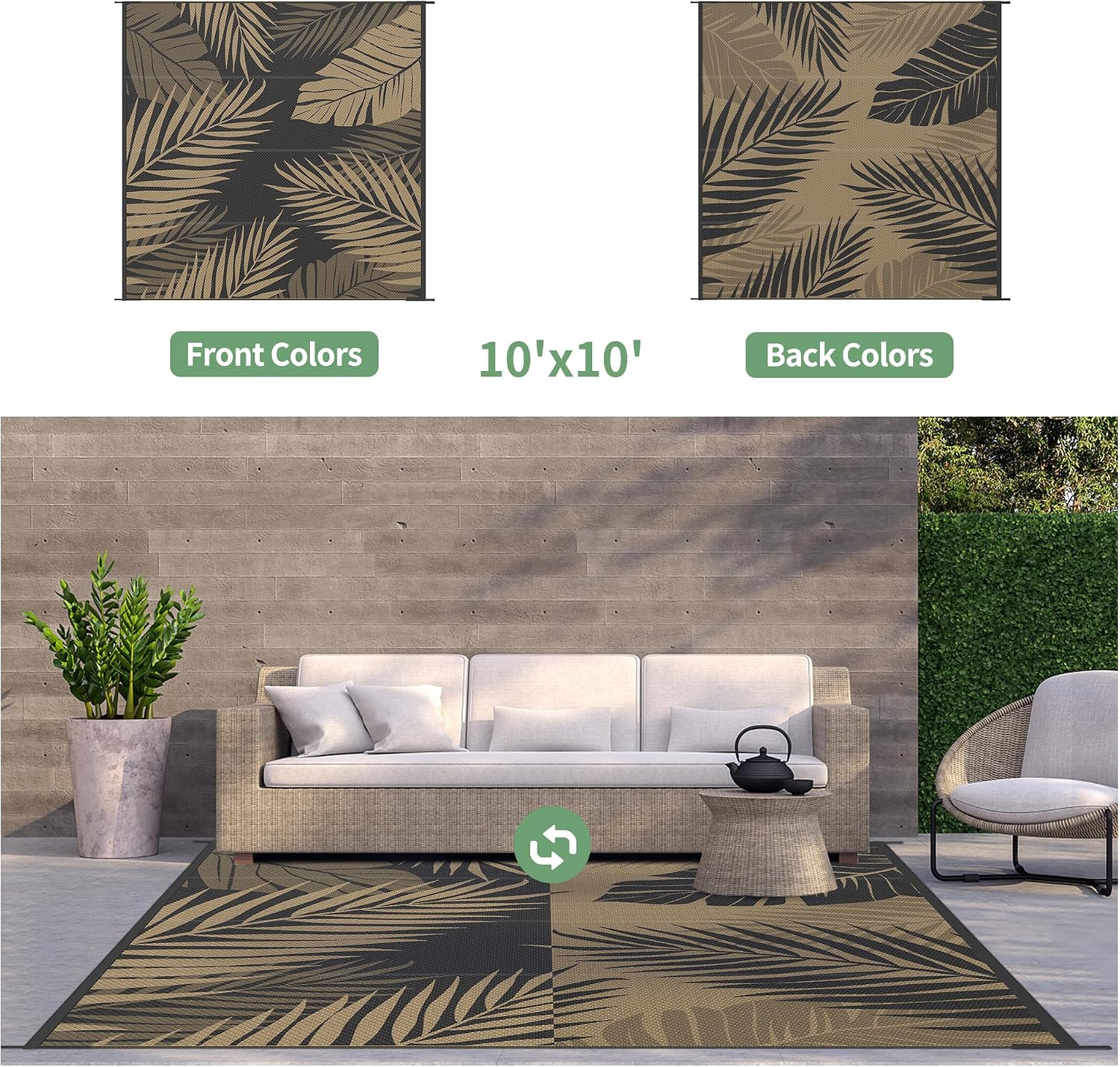 GENIMO Outdoor Rug 10' x 10' Waterproof for Patios Clearance, Reversible Outdoor Plastic Straw Camping Rug Carpet, Large Area Rugs Mats for RV, Camper, Deck, Balcony, Porch, Beach, Picnic, Black&Brown