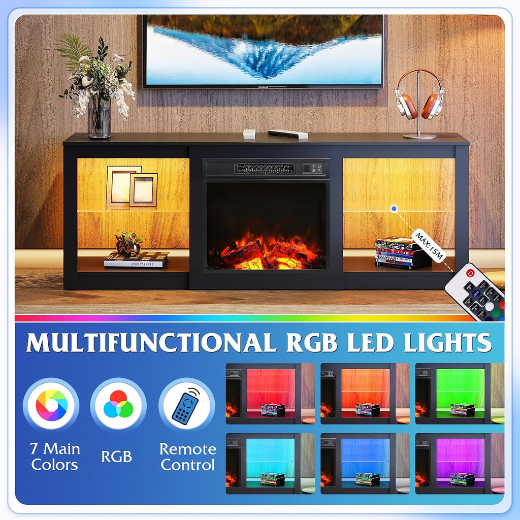 WLIVE 58 Inches Fireplace TV Stand with LED Lights, Modern Entertainment Center with 18'' Electric Fireplace & Adjustable Glass Shelves, Sturdy Media Console for Living Room, Bedroom (Black)