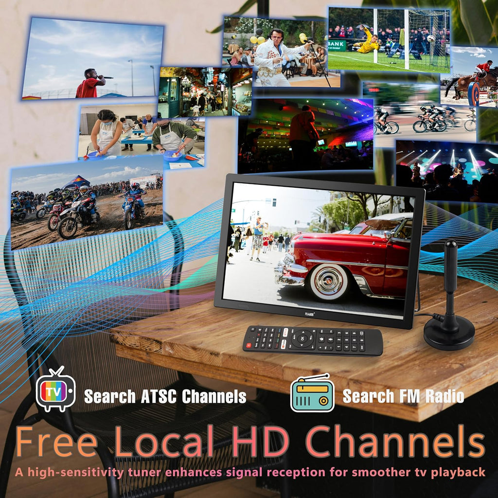 15.6' Small Smart TV,Built-in Digital Tuner,4000mAh Rechargeable Battery TV, HDMI/SD Card/USB/AV Input,LCD Screen with Stand for Car,RV,Camping