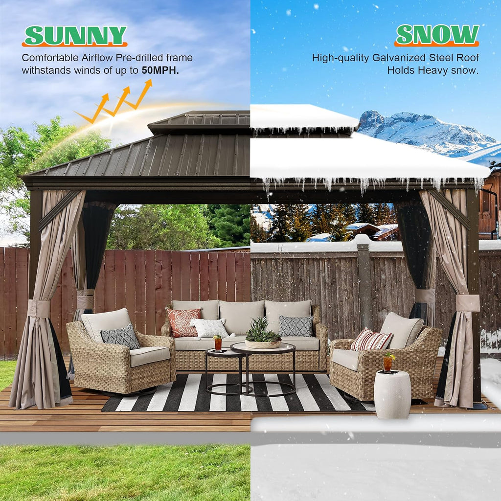 Domi 10x14FT Hardtop Gazebo, Outdoor Gazebo with Double Galvanized Steel Roof, Metal Pavilion Shelter for Patio, Lawn and Garden, Detachable Curtain and Netting Included, Brown