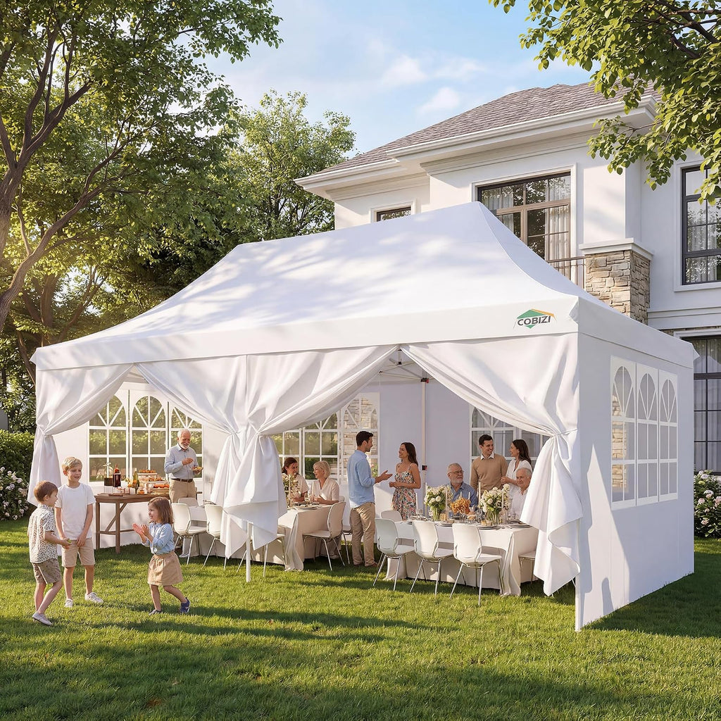 COBIZI 10x20 Pop Up Canopy with 6 Sidewalls, Conical Party Tent 10x20 with 3 Adjustable Height Waterproof, UV-Resistant with Carry Bag, Sandbag, Stake, Tents for Parties, Commercial (Frame Upgraded)