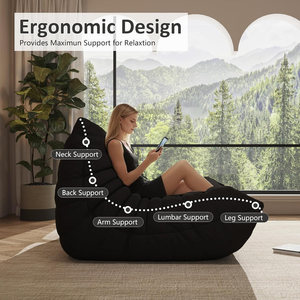 Bean Bag Chair, Cozy Memory Foam Bean Bag Chairs for Adults, Comfy Fireside Accent Chair Lazy Floor Chair for Gaming Bedroom Living Room (Black, 3-Seater)