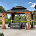 Big Leaf Wood Gazebo 13'x15', Cedar Frame Hardtop Gazebo with Double Galvanized Steel Roof & Grill Shelter, Mosquito Netting and Curtains, Sturdy Hook Design for Outdoor Patio, Deck, Garden