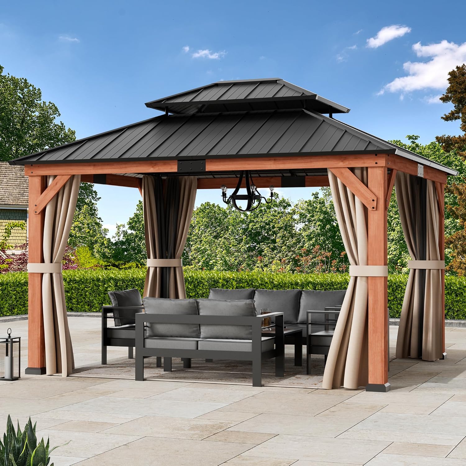 Big Leaf Wood Gazebo 13'x15', Cedar Frame Hardtop Gazebo with Double Galvanized Steel Roof & Grill Shelter, Mosquito Netting and Curtains, Sturdy Hook Design for Outdoor Patio, Deck, Garden