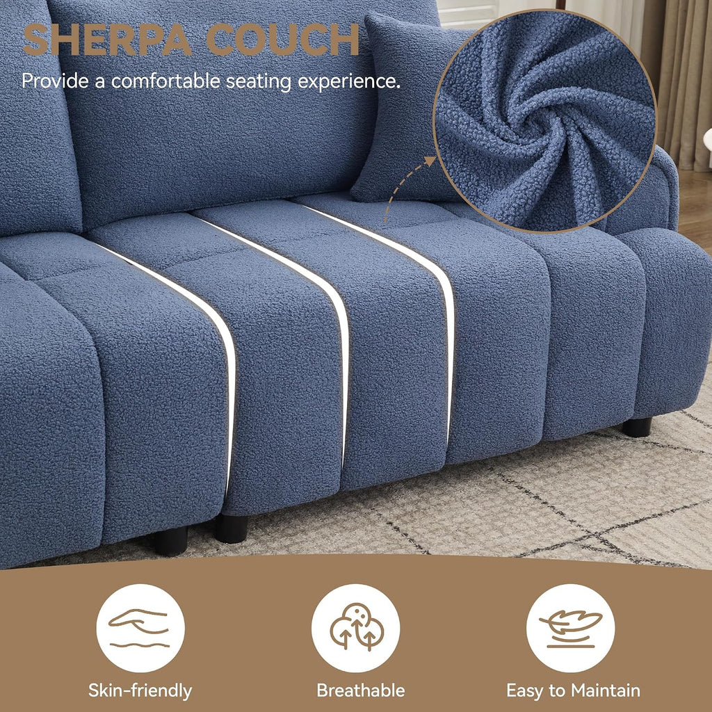 88 'Modern Boucle Sofa Couch, Oversized Comfy 3 Seater Sherpa Curved Sofas Deep Seat, Upholstered Loveseat Teddy Round Arm Couches for Living Room, Bedroom, Blue