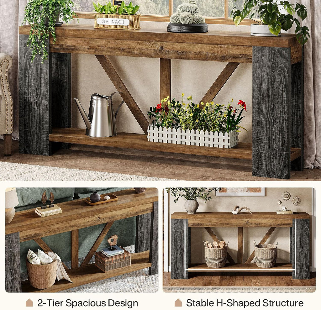 Tribesigns 70.9' Narrow Long Console Table, 2-Tier Farmhouse Entryway Table with Storage Shelf, Rustic Sofa Table Behind Couch for Hallway, Foyer, Living Room, Rustic Brown&Grey