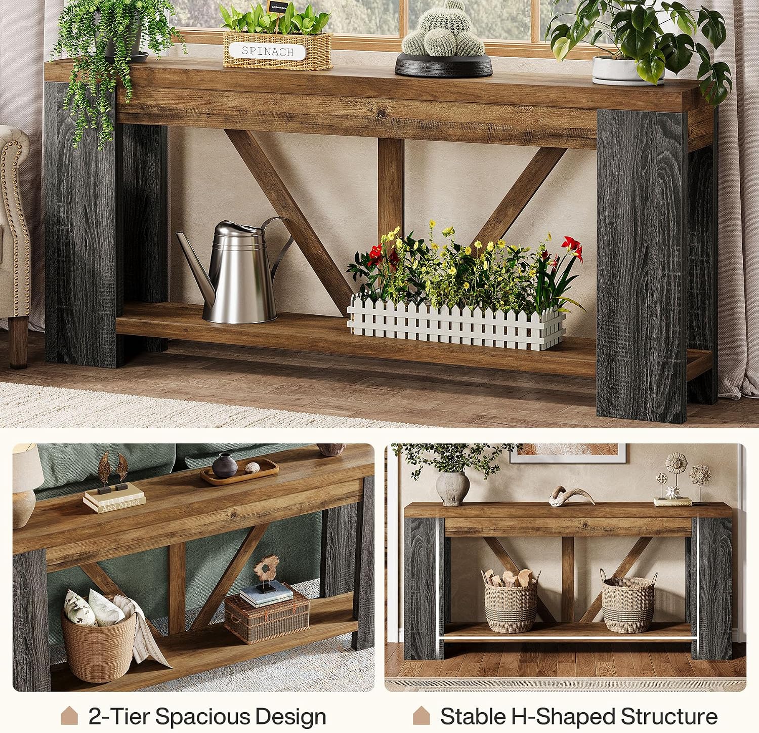 Tribesigns 70.9' Narrow Long Console Table, 2-Tier Farmhouse Entryway Table with Storage Shelf, Rustic Sofa Table Behind Couch for Hallway, Foyer, Living Room, Rustic Brown&Grey