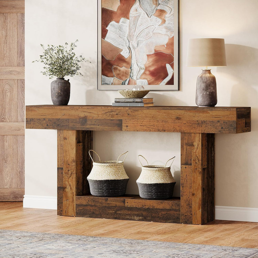 Tribesigns 63-Inch Long Console Table, 2-Tier Entryway Table Sofa Table with Storage, Farmhouse Wood Behind Couch Table for Living Room, Hallway, Rustic Mixed Brown
