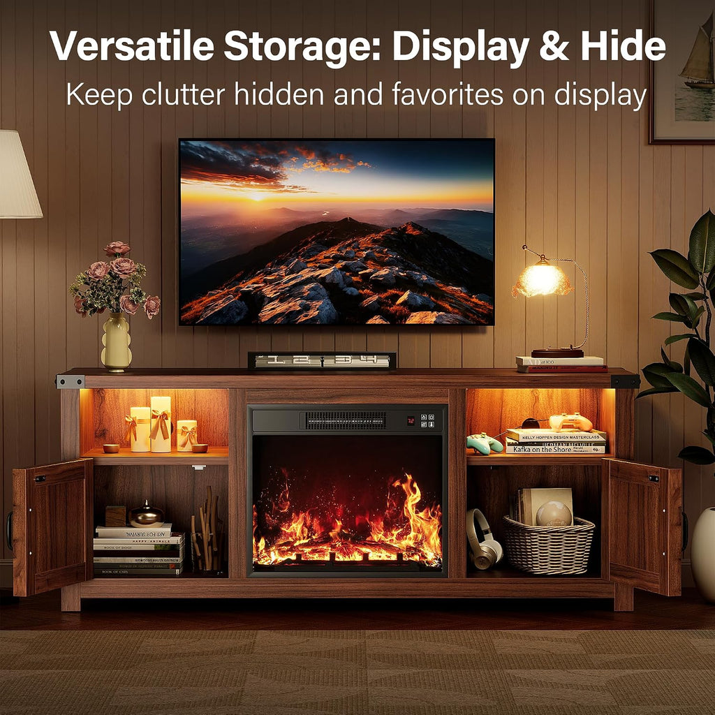 YESHOMY LED Fireplace TV Stand with Mood Lighting, TV Cabinet with Open Shelf, Farmhouse Media Console with Hidden Cable Routing, Entertainment Center for Televisions up to 65+ Inch, Walnut