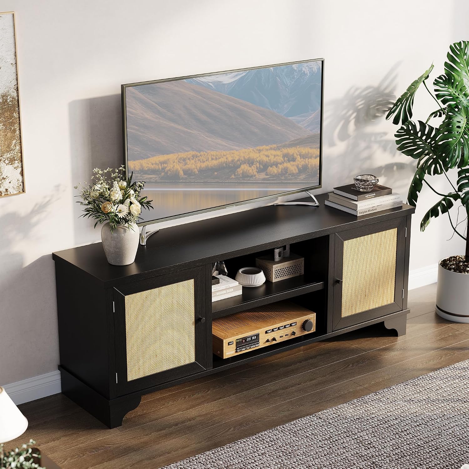 GarveeHome Rattan TV Stand for Living Room, Boho Entertainment Center for 55, 65 in TV, TV Console Cabinet with Storage Shelf, Black