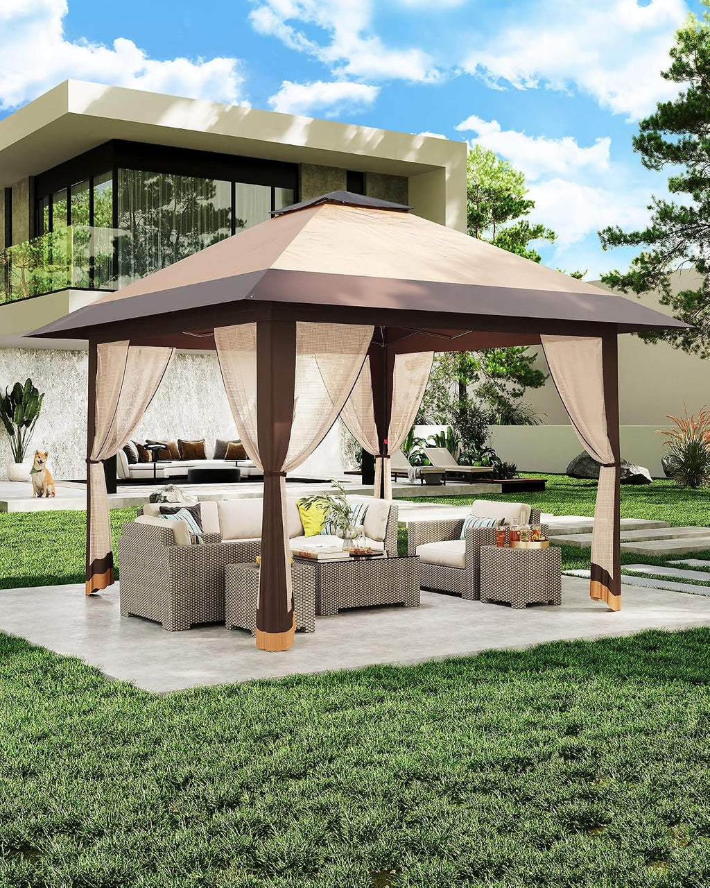 13x13 Pop Up Gazebo, Outdoor Canopy Tent with Double Roof and Mesh Netting, Gazebo Tent with Large Space and Adjustable Height for Backyard, Garden, Patio, Lawn, Khaki + Light Khaki