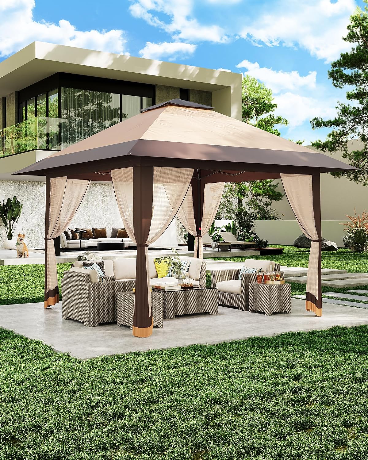 13x13 Pop Up Gazebo, Outdoor Canopy Tent with Double Roof and Mesh Netting, Gazebo Tent with Large Space and Adjustable Height for Backyard, Garden, Patio, Lawn, Khaki + Light Khaki