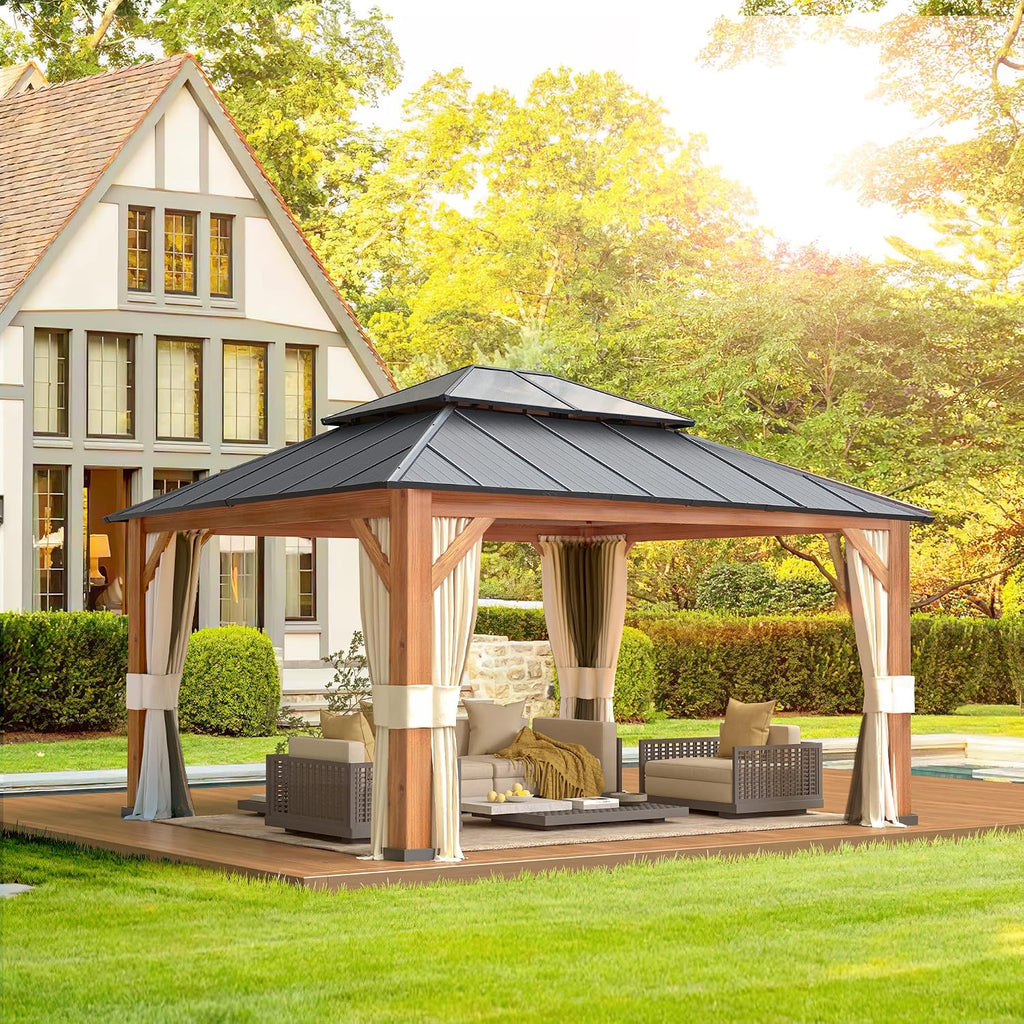 YOLENY 12' x 14' Hardtop Gazebo Ultra-Thick Columns and Beams with Wood Grain Aluminum Frame, Dual Material Double Roof, Outdoor Gazebo with Netting and Curtains for Deck, Backyard and Patio