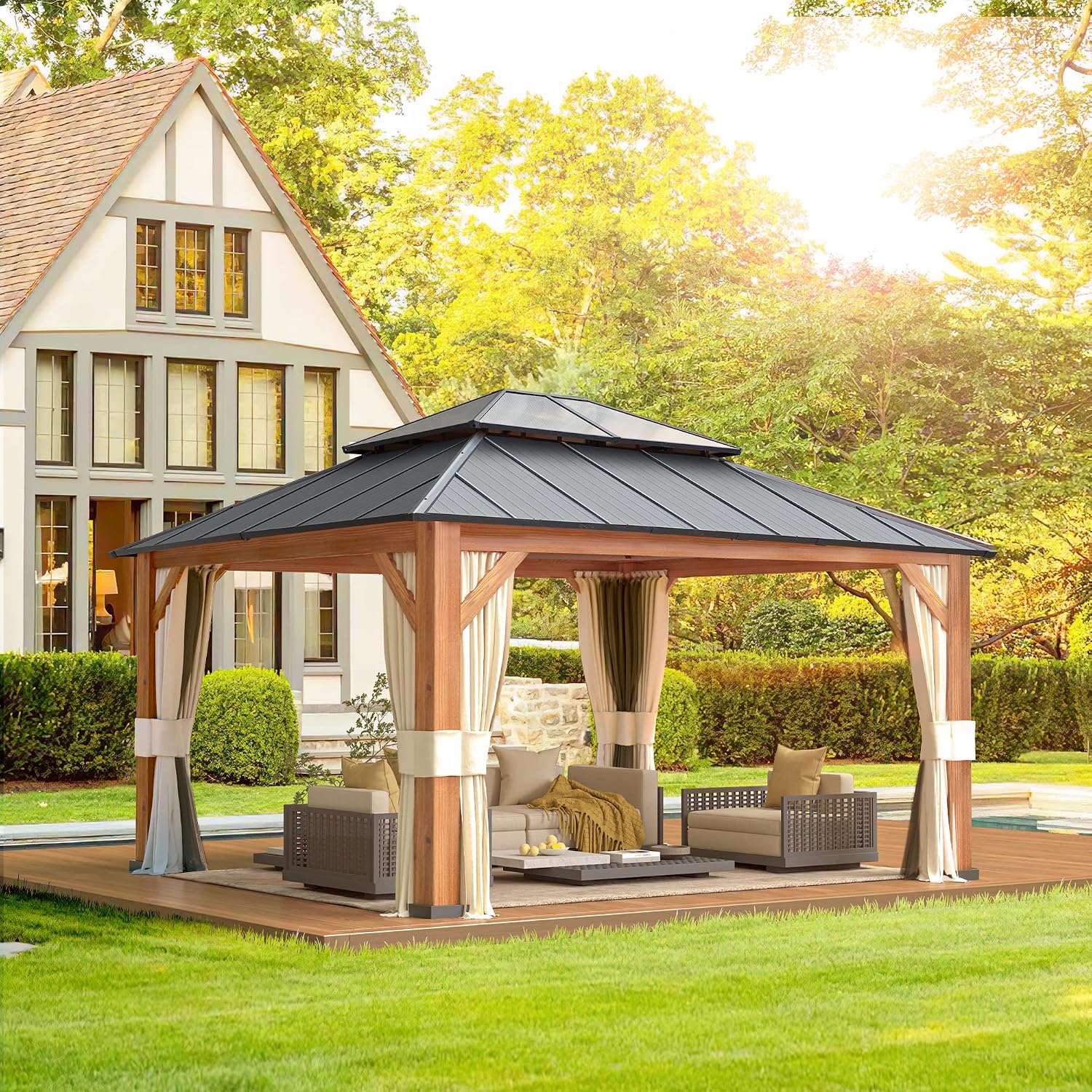YOLENY 12' x 14' Hardtop Gazebo Ultra-Thick Columns and Beams with Wood Grain Aluminum Frame, Dual Material Double Roof, Outdoor Gazebo with Netting and Curtains for Deck, Backyard and Patio