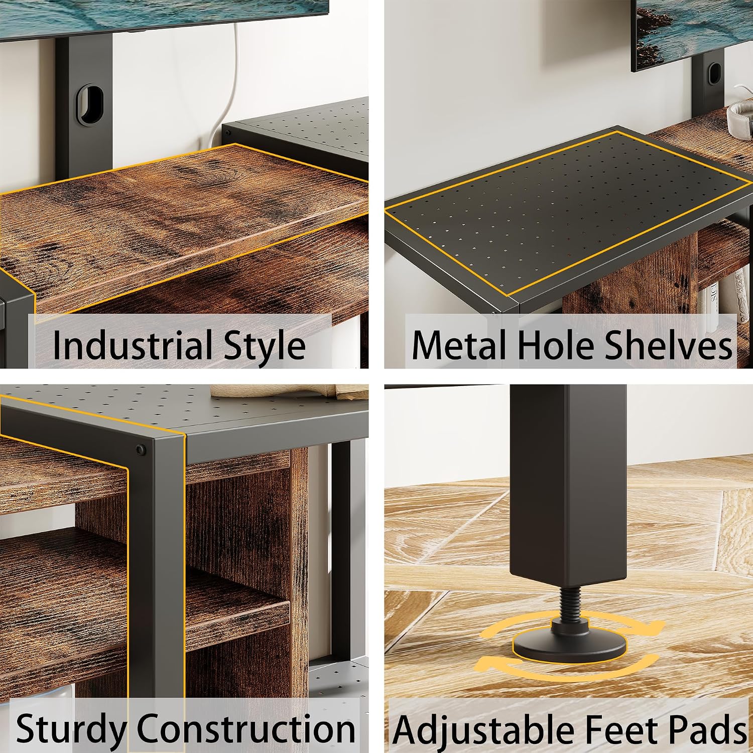 IRONCK 79 Inch TV Stand for TVs up to 85 Inch with Mount and Power Outlet, 3 Tiers TV Console with Storage Shelves, Entertainment Center, Steel Frame, for Living Room, Bedroom, Vintage Brown