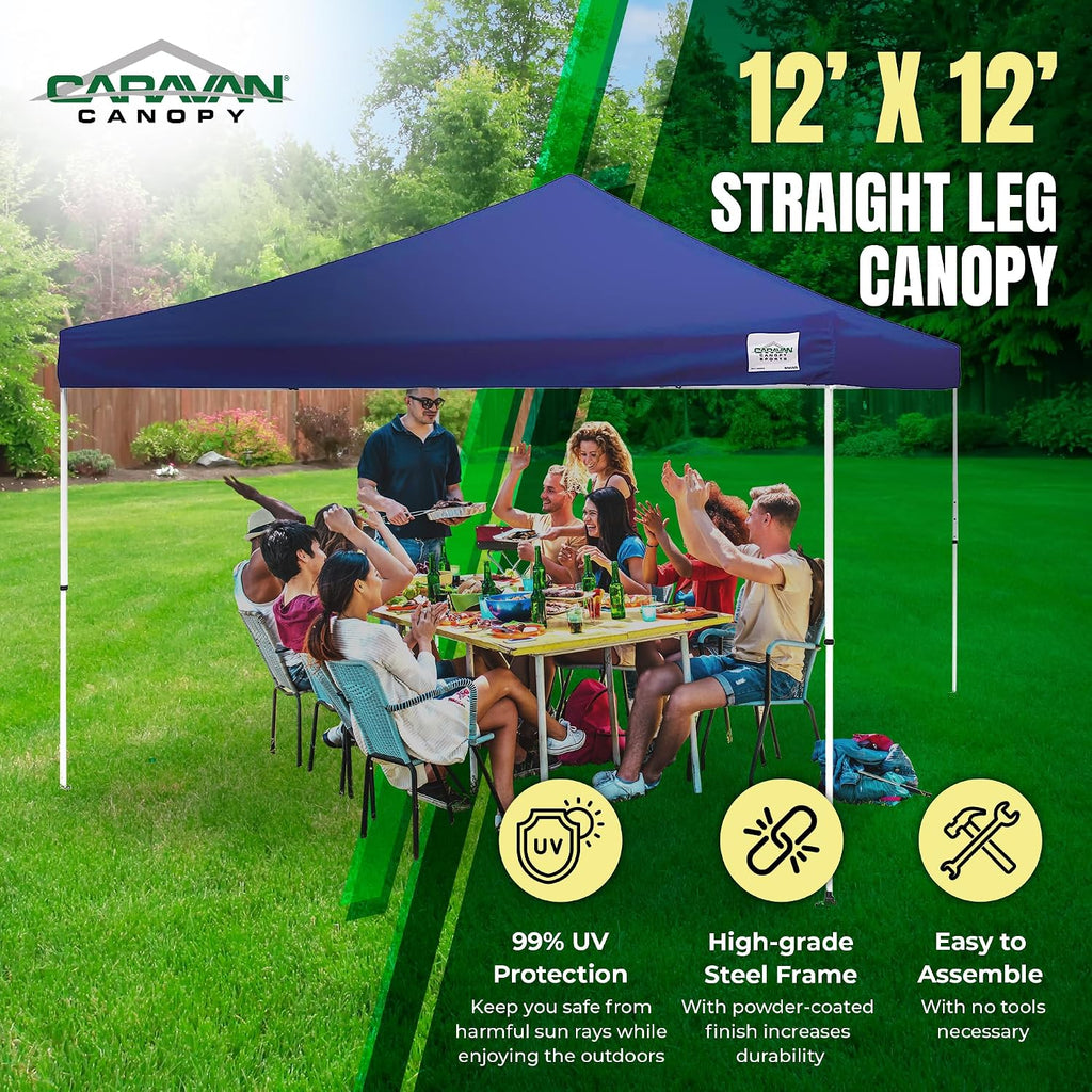 Caravan Canopy 12 by 12 Foot Polyester Straight Steel Leg Instant Pop Up Canopy Tent with Adjustable Height for Outdoor Events, Blue