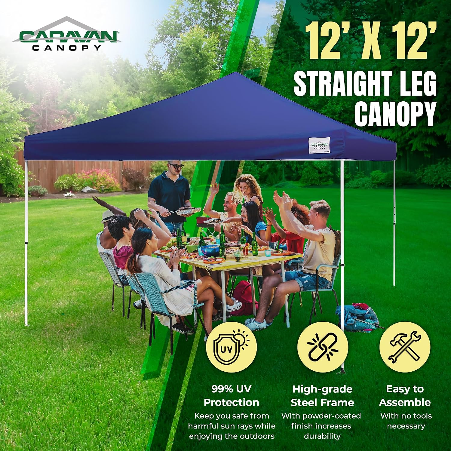 Caravan Canopy 12 by 12 Foot Polyester Straight Steel Leg Instant Pop Up Canopy Tent with Adjustable Height for Outdoor Events, Blue