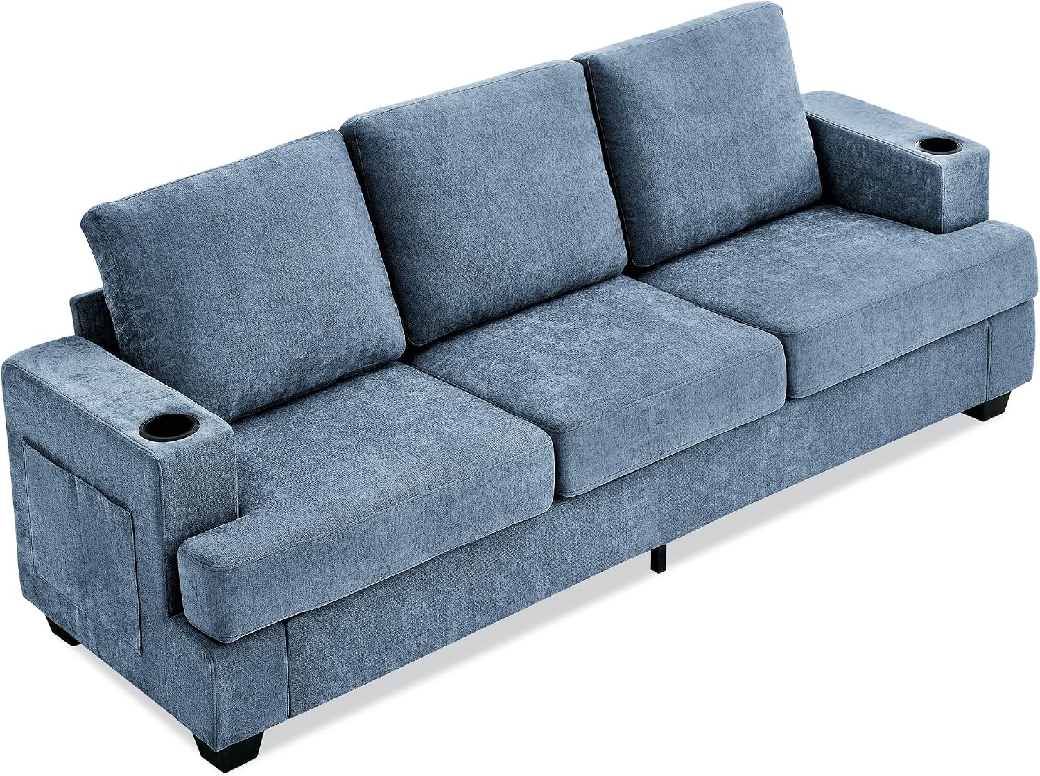 89' Chenille 3-Seater Sofa with Cup Holders and Side Storage Pockets, Modern Sofa for Living Room, Deep Seat Couches for Apartment Lounge, Blue