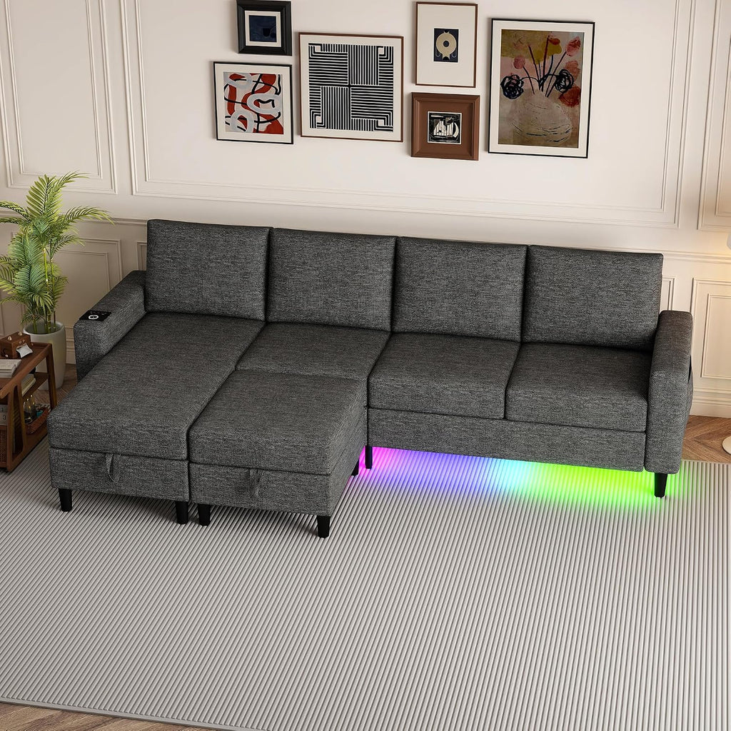 Sectional Couches for Living Room, 4 Seat Sectional Sofa with Smart Module-Wireless Charging/USB/Type-C/RGB Light, U Shaped Couch with Reversible Chaise Lounge/Storage Ottoman (Dark Grey)