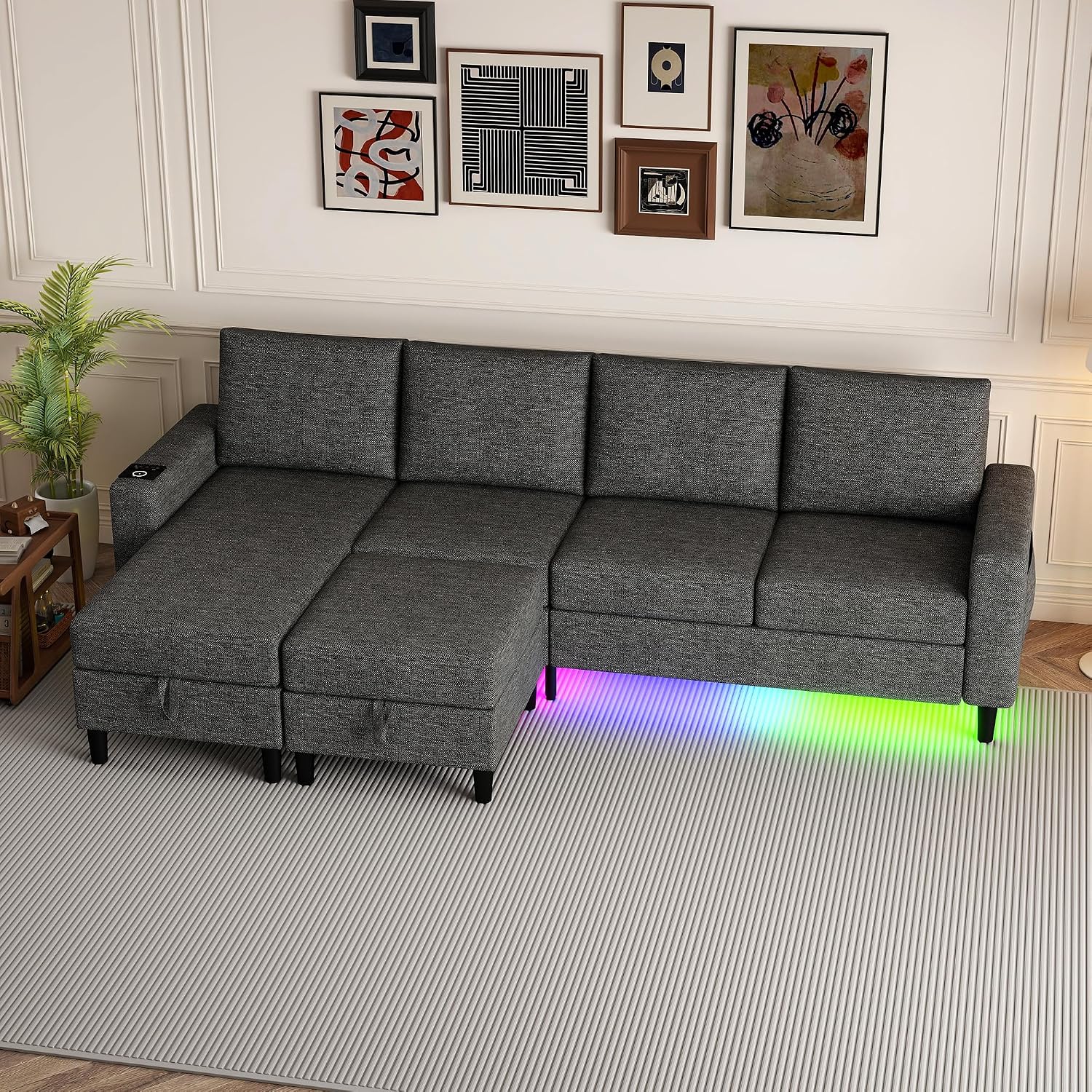 Sectional Couches for Living Room, 4 Seat Sectional Sofa with Smart Module-Wireless Charging/USB/Type-C/RGB Light, U Shaped Couch with Reversible Chaise Lounge/Storage Ottoman (Dark Grey)